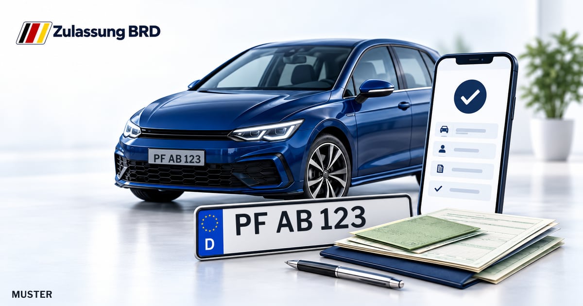 Online Fahrzeugzulassung in Straubenhardt: Musterkennzeichen PF AB 123, Auto und Fahrzeugpapiere und Smartphone. Illustration mit Logo von Zulassung BRD.